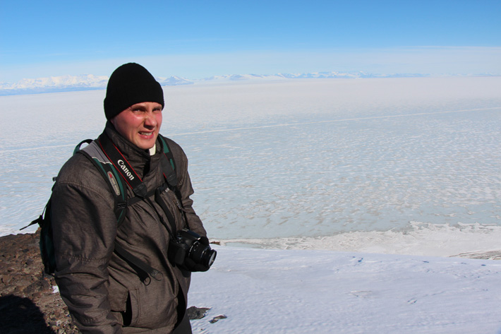 Photo of Ilya on a pressure ridge tour in McMurdo Sound