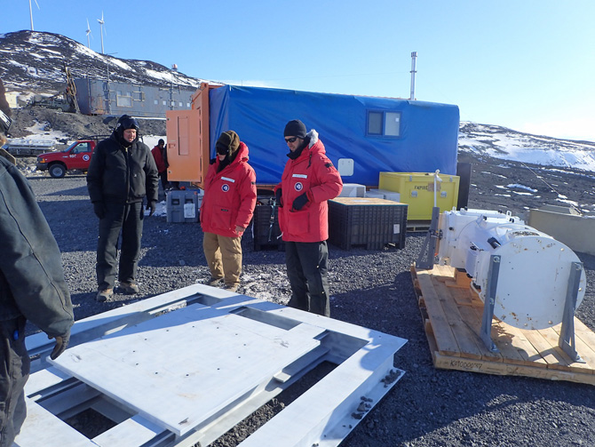 Photo of Right to left: Kim, Andrei and Heath beginning the Scanning ARM Cloud Radar (SACR) installation at CosRay on 15 November 2015