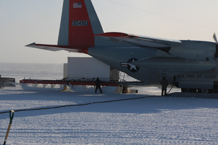 Photo of The AMF container being unloaded from the LC-130 at WAIS Divide on 2 December 2015